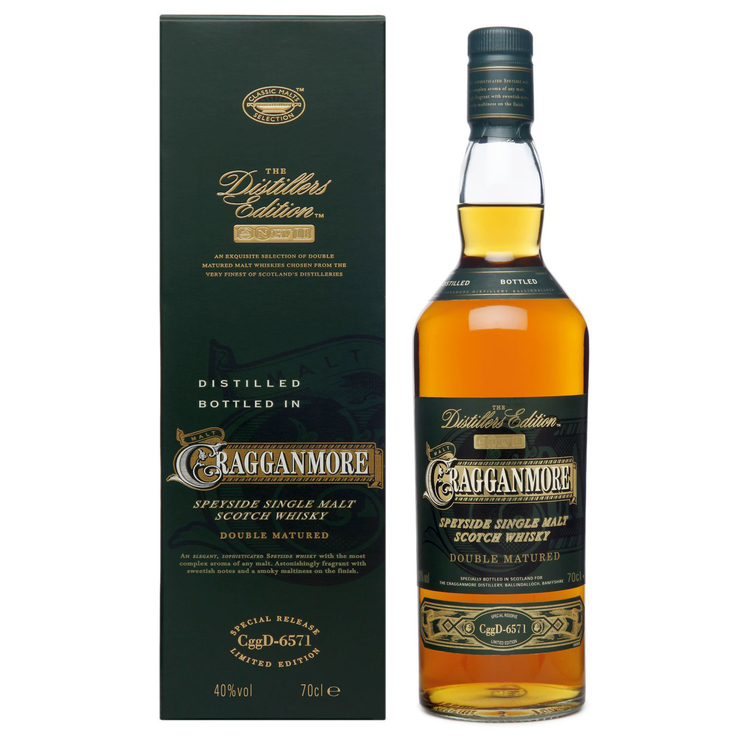 Flasche Cragganmore Distillers Edition, 0,7 l – elegante, grün getönte Glasflasche mit einem hellen Etikett, auf dem der Name des Whiskys steht.
