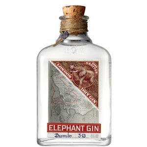 Flasche Elephant London Dry Gin, 0,5 l – klare, runde Flasche mit einem eleganten, handbeschrifteten Etikett und einem Kordeldetail um den Hals, das eine Hommage an Afrika