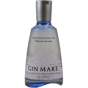 Flasche Gin Mare, 0,7 l – eckige, türkisfarbene Glasflasche, die an eine Apothekerflasche erinnert, gefüllt mit klarem Gin