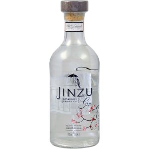 Flasche Jinzu Gin, 0,7 l – transparente Flasche mit einem eleganten Etikett, auf dem eine schottische Distel und eine japanische Kirschblüte abgebildet sind