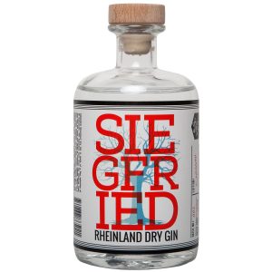Flasche Siegfried Gin, 0,5 l – elegante, klare Flasche mit minimalistischem, rot-weißem Etikett