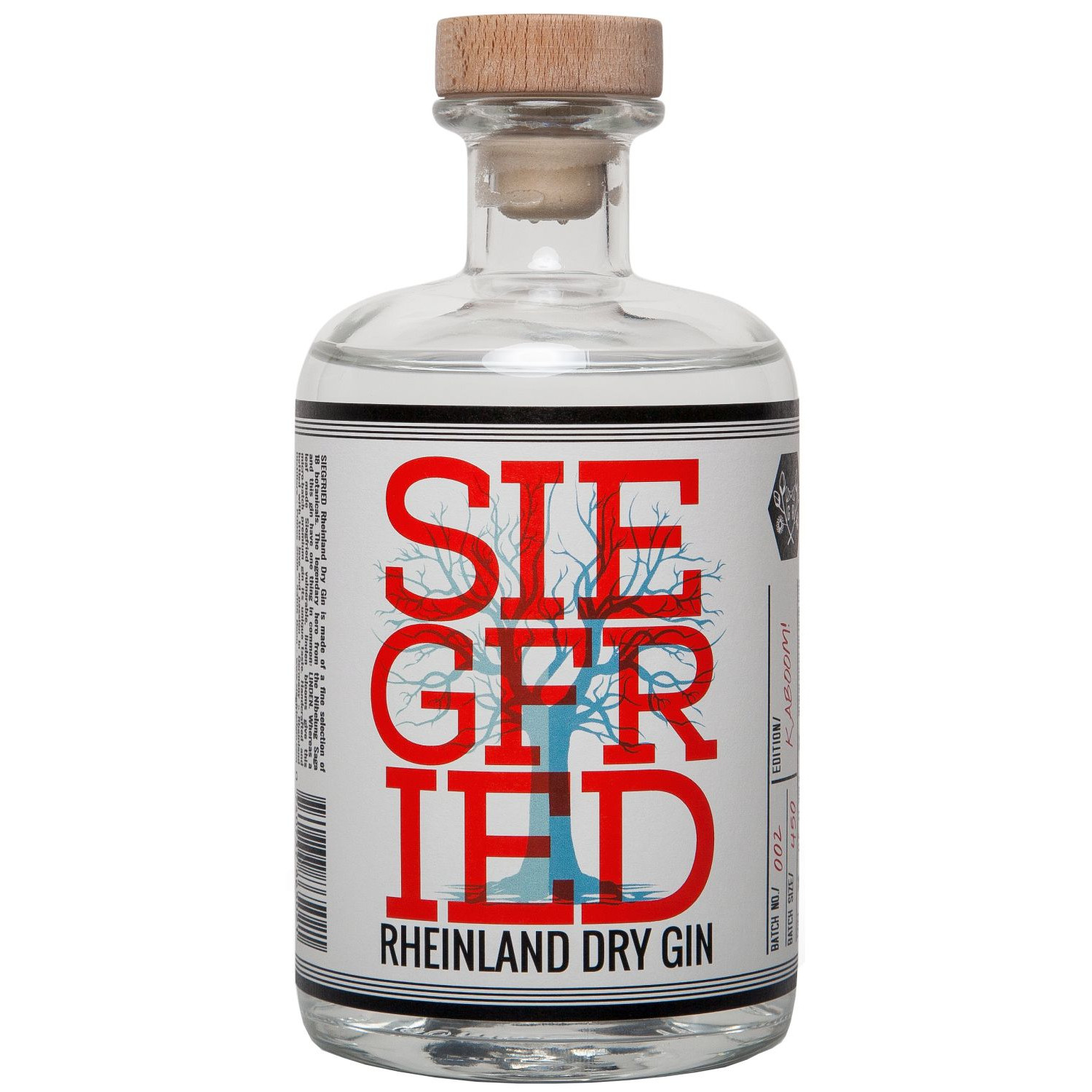 Flasche Siegfried Gin, 0,5 l – elegante, klare Flasche mit minimalistischem, rot-weißem Etikett