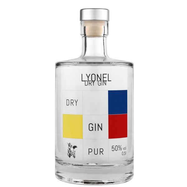 Flasche Lyonel Gin Organic, 0,5 l – elegante, klare Flasche mit einem bunten Etikett