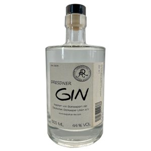 Flasche Dresdner Gin Augustus Rex, 0,5 l – klare Flasche mit goldfarbenem Etikett, das das Profil von August dem Starken zeigt