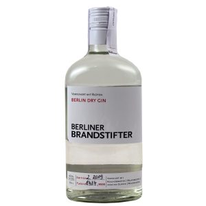 Flasche Berliner Brandstifter Dry Gin, 0,7 l – klare Flasche mit minimalistischem Etikett und einem roten Siegel