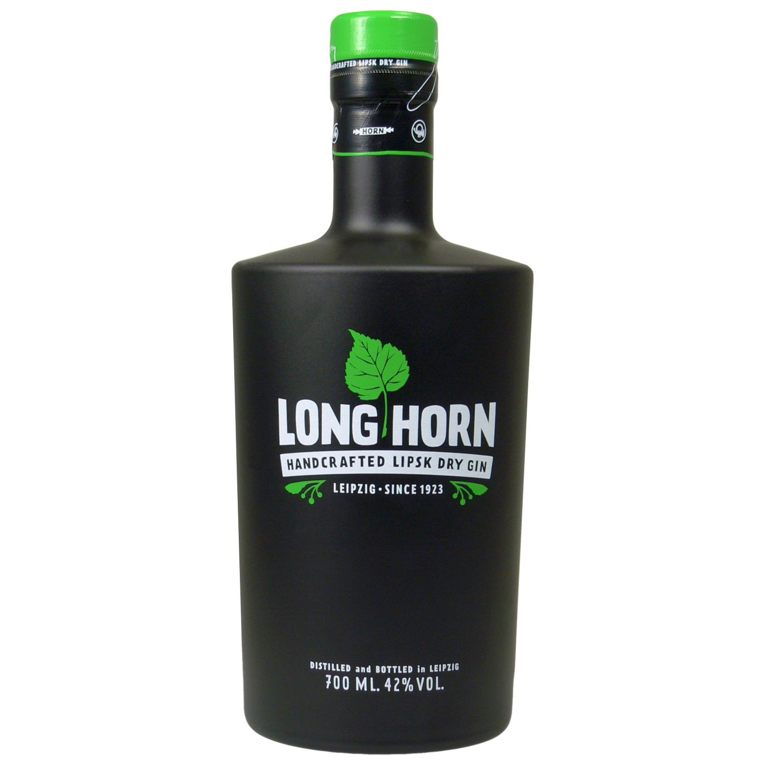 lasche Long Horn Gin, 0,7 l – scwarze Flasche mit einem Etikett, das eine Lindenblüthe zeigt