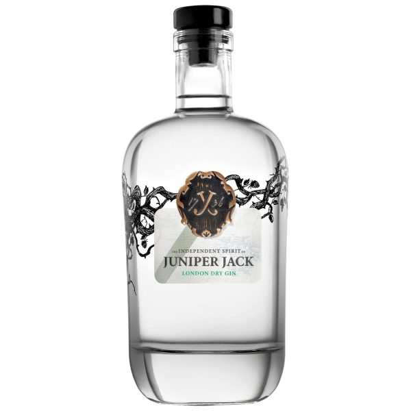 Flasche Juniper Jack London Dry Gin, 0,7 l – elegante, klare Glasflasche mit einem hellen Etikett