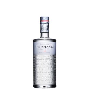 Flasche The Botanist Islay Dry Gin, 0,2 l – transparente Flasche mit einem silbernen Etikett, auf dem 22 Botanicals aufgedruckt sind.