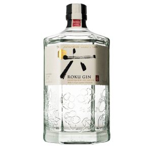 Flasche Roku Japanese Craft Gin, 0,7 l – sechseckige Flasche mit traditionellen japanischen Motiven und einem Etikett aus Washi-Papier