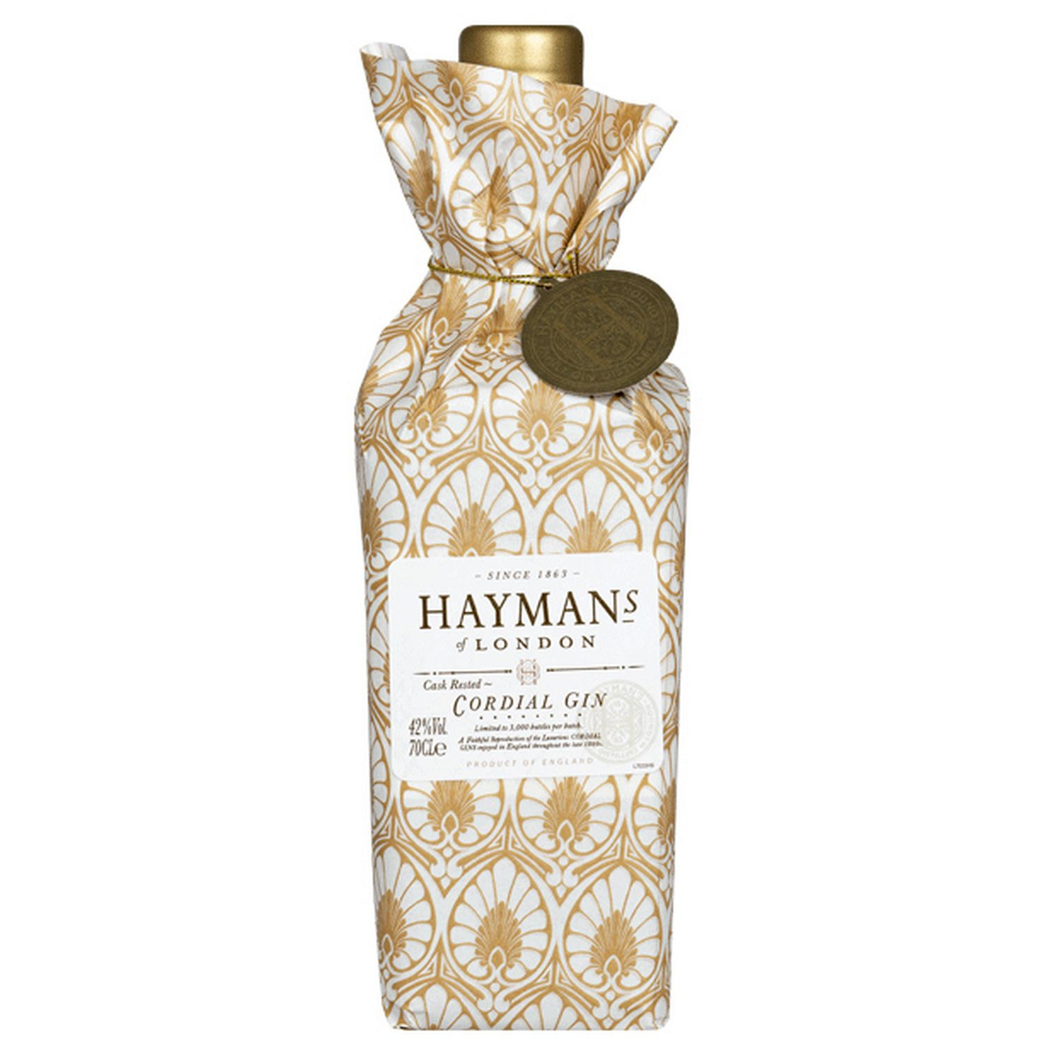 Flasche Hayman's English Cordial Gin, 0,7 l – goldfarbener Gin mit einem traditionellen Etikett