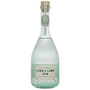 Flasche Lind & Lime Gin, 0,7 l – klarer Gin mit einem Etikett, das eine Illustration der Port of Leith Distillery zeigt