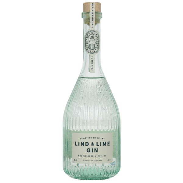 Flasche Lind & Lime Gin, 0,7 l – klarer Gin mit einem Etikett, das eine Illustration der Port of Leith Distillery zeigt