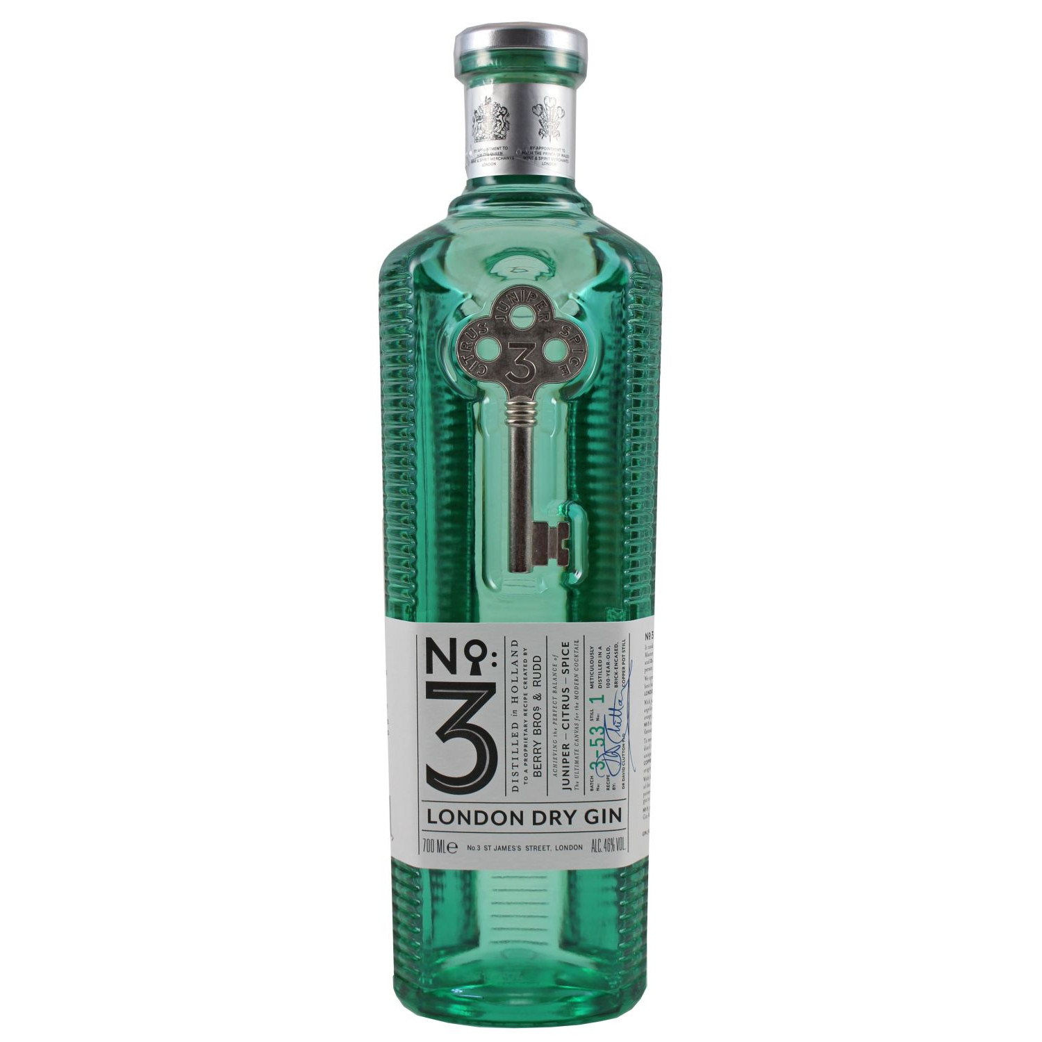 Flasche No. 3 London Dry Gin, 0,7 l – klarer Gin mit einem Etikett, das einen Schlüssel zeigt