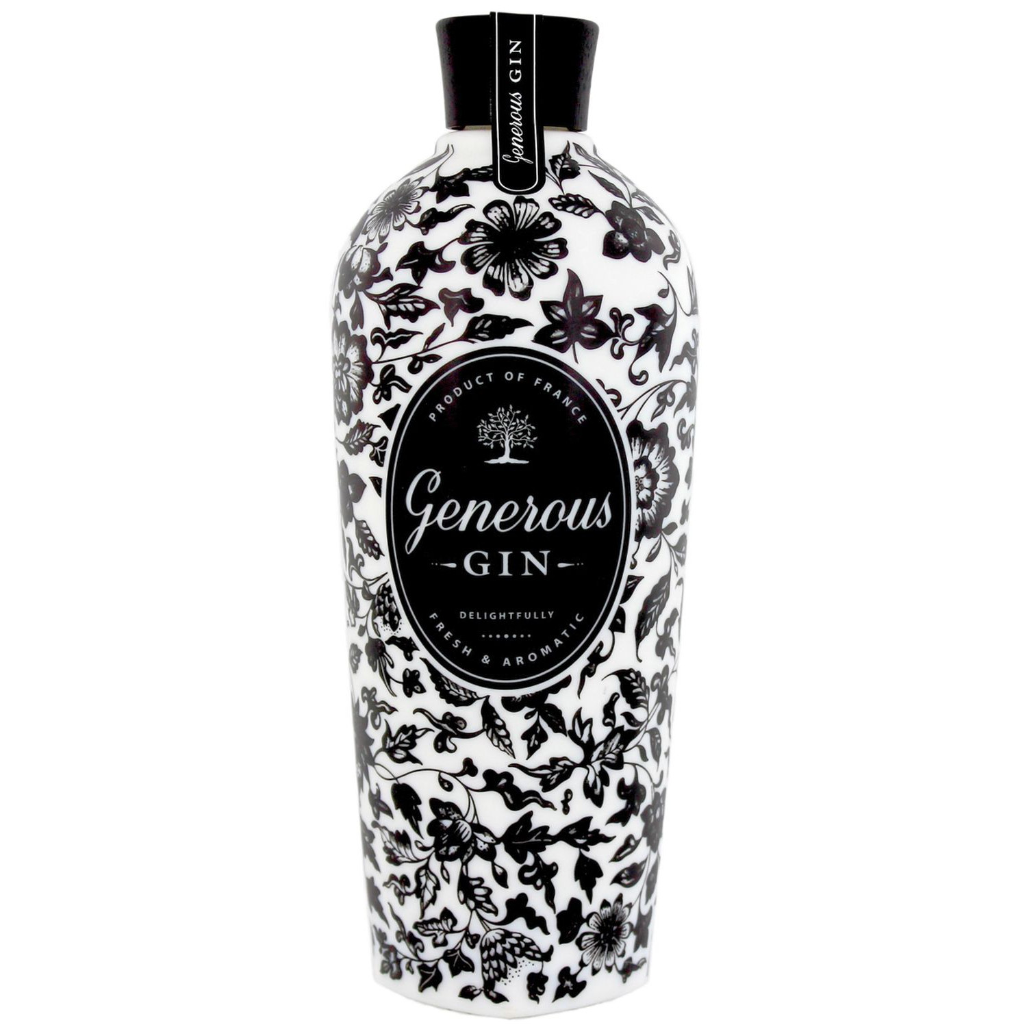 Flasche Generous Gin, 0,7 l – klarer Gin mit einem Etikett mit botanischen Illustrationen