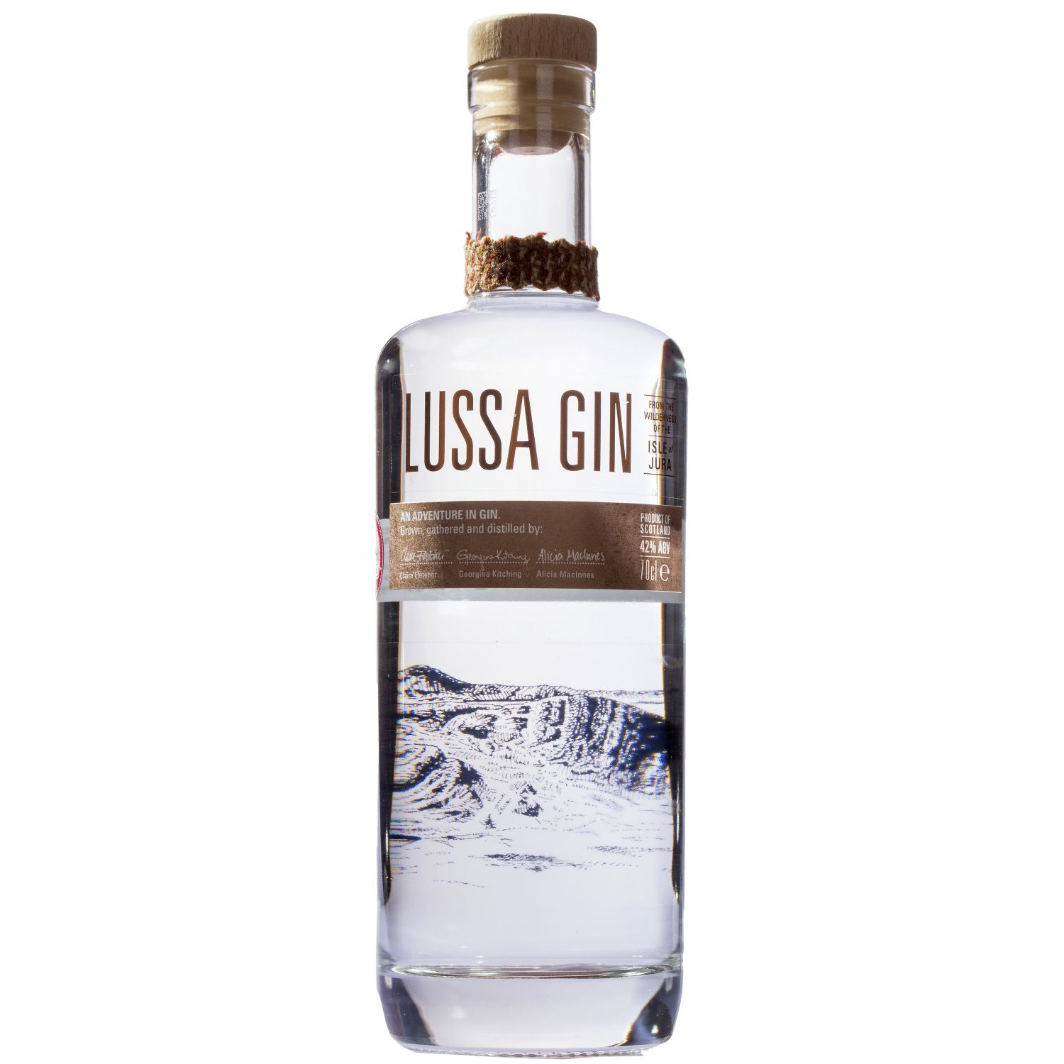 Flasche Lussa Gin, 0,7 l – klarer Gin mit einem Etikett, das eine gezeichnete Landschaft zeigt