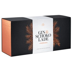 Geschenkset mit einer Mini-Flasche Juniper Jack Dry Gin und einer Tafel Schokolade