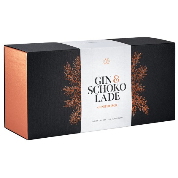 Geschenkset mit einer Mini-Flasche Juniper Jack Dry Gin und einer Tafel Schokolade