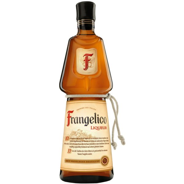 Flasche Frangelico Haselnusslikör, 0,7 l – goldener Likör mit einer Kordel um die Flasche