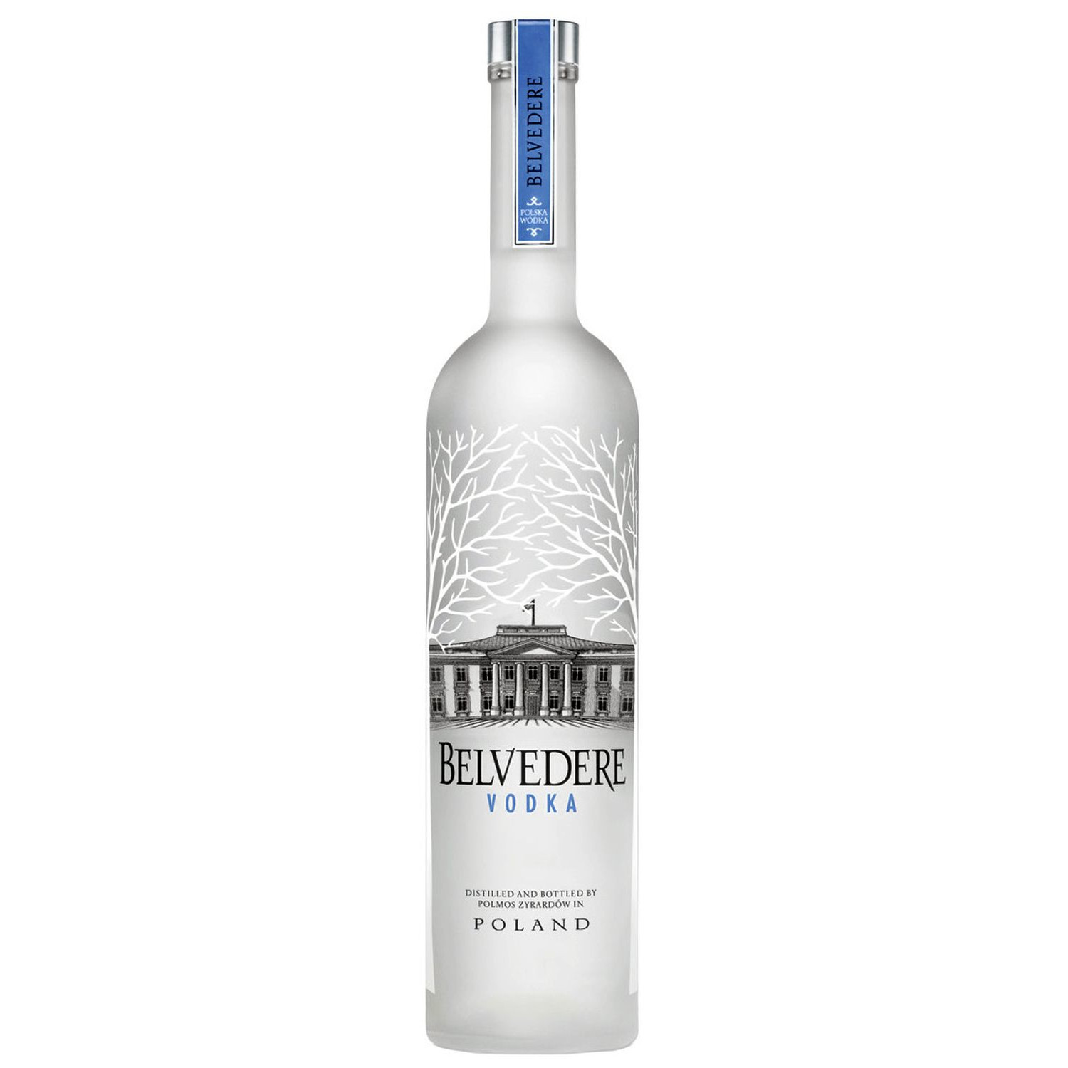 Flasche Belvedere Vodka, 0,7 l – klare, milchige Flasche mit dem Abbild des Warschauer Belweder-Palastes