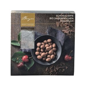 Bio Vollmilchschokolade Confiserie Berger 110 g – Schokolierte Sauerkirschen mit 37% Kakao, fruchtig und säuerlich.