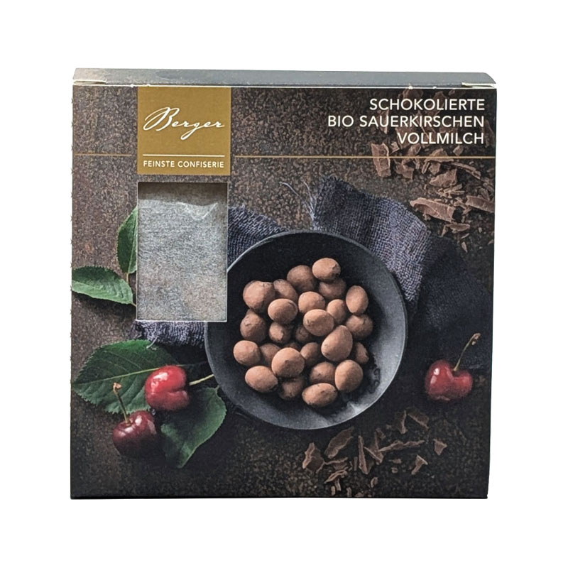 Bio Vollmilchschokolade Confiserie Berger 110 g – Schokolierte Sauerkirschen mit 37% Kakao, fruchtig und säuerlich.