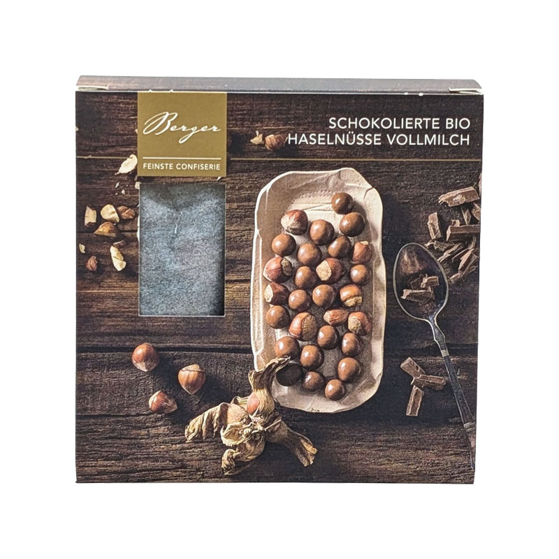 Bio Vollmilchschokolade Confiserie Berger 100 g – Schokolierte Haselnüsse mit 37% Kakao, knackig und nussig.