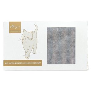 Bio Vollmilchschokolade Confiserie Berger 110 g – Katzenzungen mit Nougat-Füllung, 37% Kakao, zart und nussig.