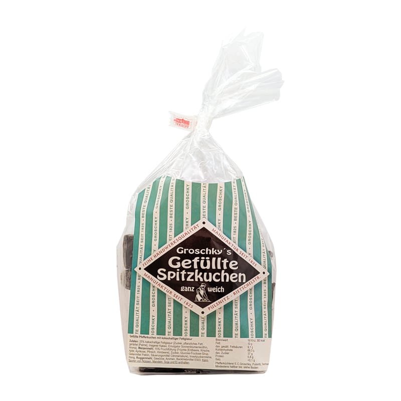 Pulsnitzer Spitzen 400 g mit Erdbeerfüllung – Weicher Pfefferkuchen mit Kakaoglasur und 15% fruchtiger Erdbeer-Fruchtfüllung, E.C. Groschky.