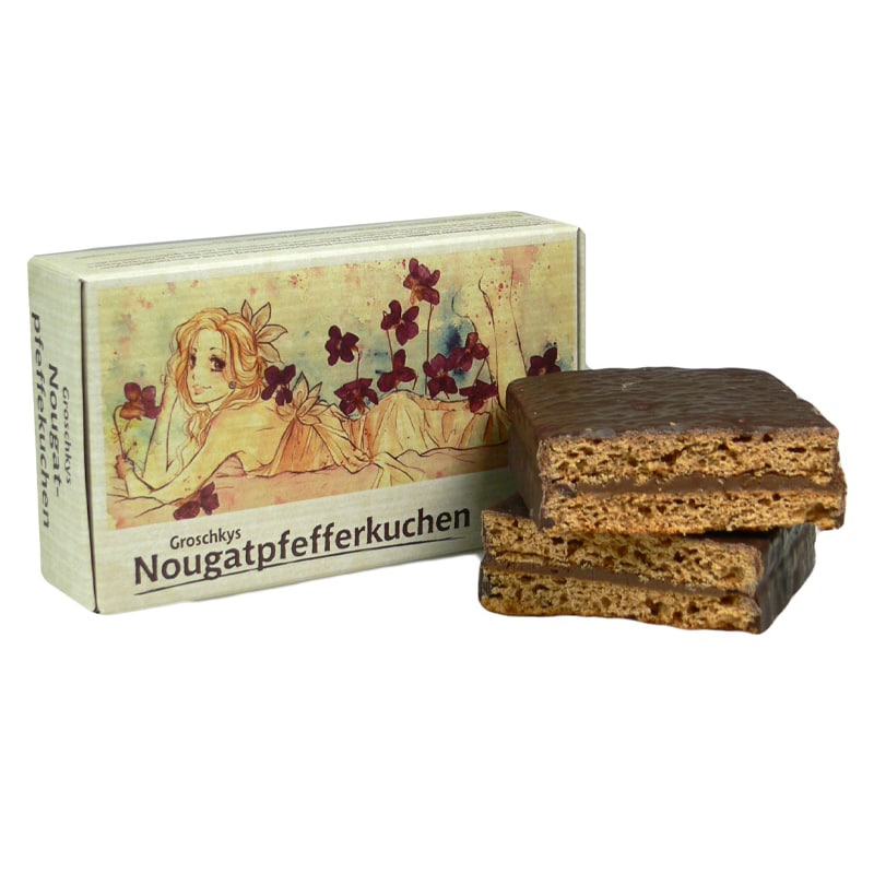 Nougat Pfefferkuchen Schnitte 100g – Gefüllter Pfefferkuchen mit Haselnuss-Nougat-Füllung und Zartbitterschokoladen-Überzug, E.C. Groschky.