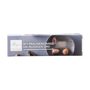 Bio Pralinenstange Confiserie Berger 34 g – Drei Nuss-Pralinen: Mandel-Nougat, Cashew-Nougat und Macadamia-Nougat in Vollmilchschokolade.
