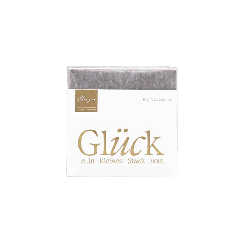 Bio Vollmilchschokolade Confiserie Berger 40 g – Thementafel "Ein kleines Stück vom Glück", zarter Schmelz mit 37% Kakao, glutenfrei.