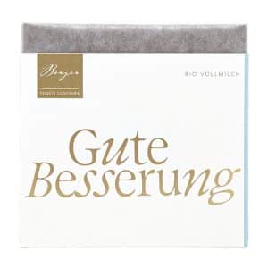 Bio Vollmilchschokolade Confiserie Berger 70 g – Thementafel "Gute Besserung", zarter Schmelz mit 37% Kakao, aus kontrolliert biologischem Anbau.