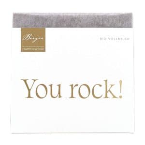 Bio Vollmilchschokolade Confiserie Berger 70 g – Thementafel "You Rock", zarter Schmelz mit 37% Kakao, aus kontrolliert biologischem Anbau.