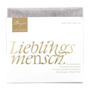 Bio Vollmilchschokolade Confiserie Berger 70 g – Thementafel "Lieblingsmensch", zarter Schmelz mit 37% Kakao, aus kontrolliert biologischem Anbau.