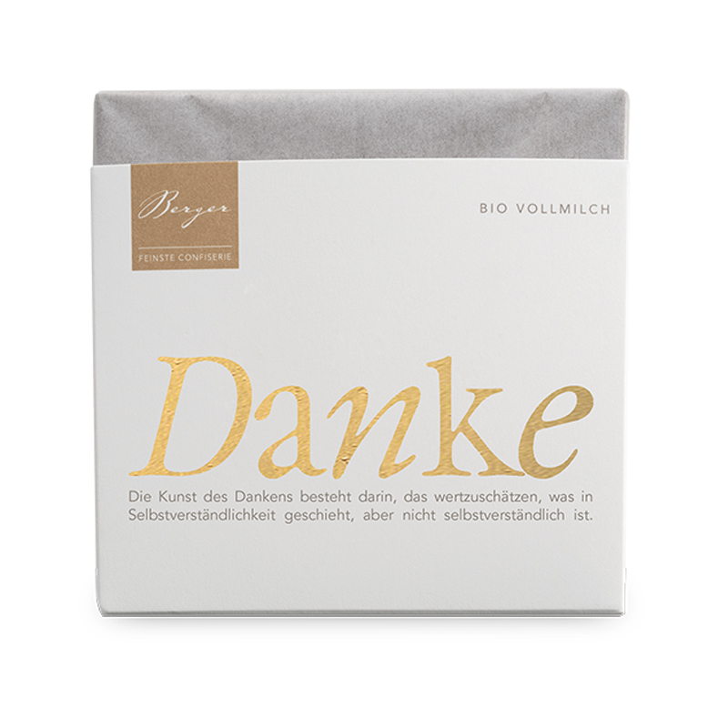 Bio Vollmilchschokolade Confiserie Berger 70 g – Tafel mit "Danke"-Schriftzug, 37% Kakao, zartschmelzend und vollmundig.