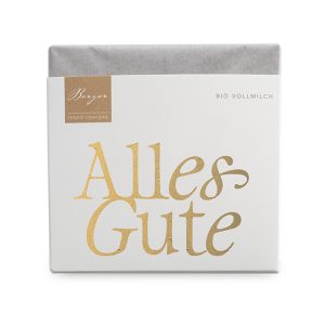 Bio Vollmilchschokolade Confiserie Berger 70 g – Tafel mit "Alles Gute"-Schriftzug, 37% Kakao, zartschmelzend und vollmundig.
