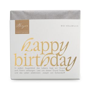 Bio Vollmilchschokolade Confiserie Berger 70 g – Tafel mit "Happy Birthday"-Aufschrift, 37% Kakao, zartschmelzend und vollmundig.