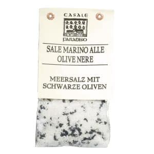 Meersalz mit schwarzen Oliven von Casale Paradiso – mediterrane Gewürzspezialität aus Italien zum Verfeinern von Pasta, Fleisch und Gemüse.