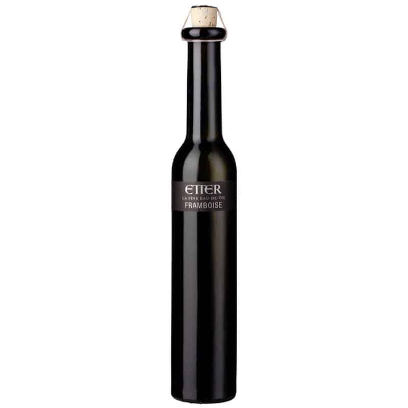 Schweizer Himbeerbrand Framboise von Etter – klare Spirituose in kleiner Flasche mit 41 % Vol., aus fruchtigen Waldhimbeeren destilliert.