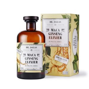 Dr. Jaglas Maca‑Ginseng‑Elixier – Kräuterspirituose in brauner Glasflasche (0,5 l)