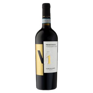Primitivo di Manduria V1 von Varvaglione in dunkler Rotweinflasche mit elegantem Etikett
