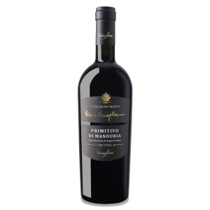 Primitivo Old Vines von Varvaglione in dunkler Rotweinflasche mit hochwertigem Etikett