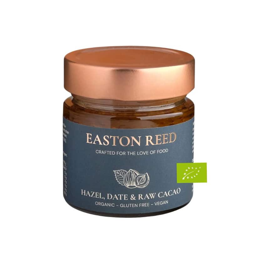 Glas „Hazel, Date & Raw Cacao Spread“ von Easton Reed – cremiger Haselnuss-Dattel-Kakao-Aufstrich ohne Palmöl, vegan und glutenfrei.