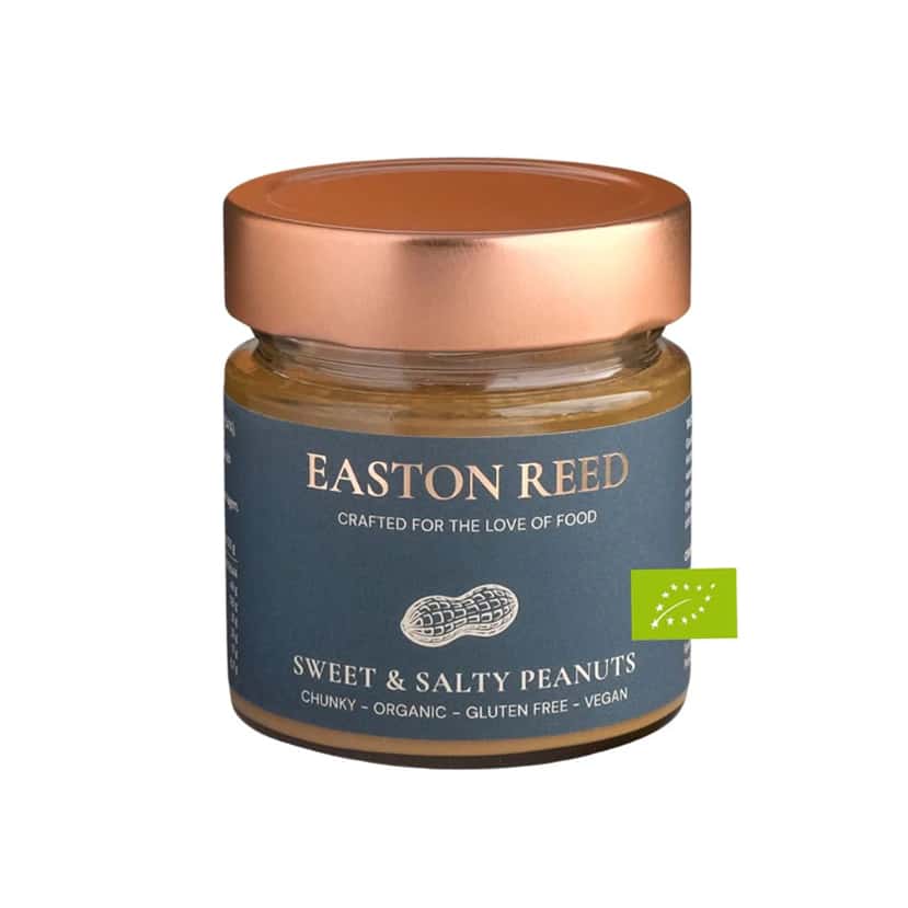 Glas „Sweet & Salty Peanut Crunch“ von Easton Reed – knusprige Erdnussbutter ohne Palmöl mit karamellig-süß-salziger Note.