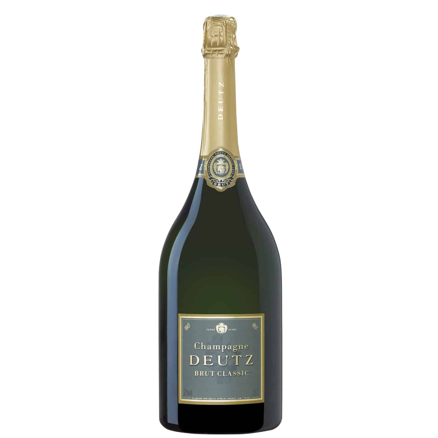 Champagner Deutz Brut Classic in der 1,5 Liter Magnumflasche – eleganter französischer Brut-Champagner mit feiner Perlage und goldener Farbe.