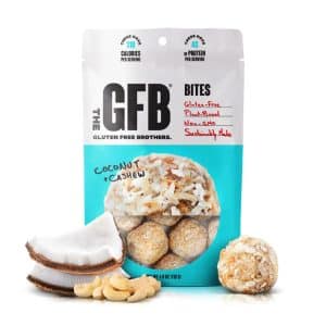 Beutel „Coconut Cashew Bites“ von The Gluten Free Brothers – glutenfreie Snack-Bites mit Cashew, Kokosnuss und pflanzlichem Protein.