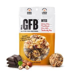 Beutel „Dark Chocolate Hazelnut Bites“ von The Gluten Free Brothers – glutenfreie Protein-Snacks mit Haselnüssen und dunkler Schokolade.