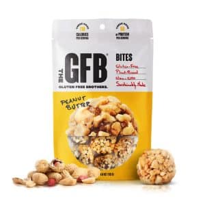 Beutel „Peanut Butter Bites“ von The Gluten Free Brothers – glutenfreie Protein-Snacks mit Erdnussbutter und pflanzlichem Protein.