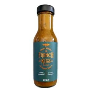Flasche French Kiss Grilling Sauce von Zooze – fruchtig-herzhafte Knoblauch-Rosmarin-Grillsauce mit Ananas für Fleisch, Fisch und Gemüse.