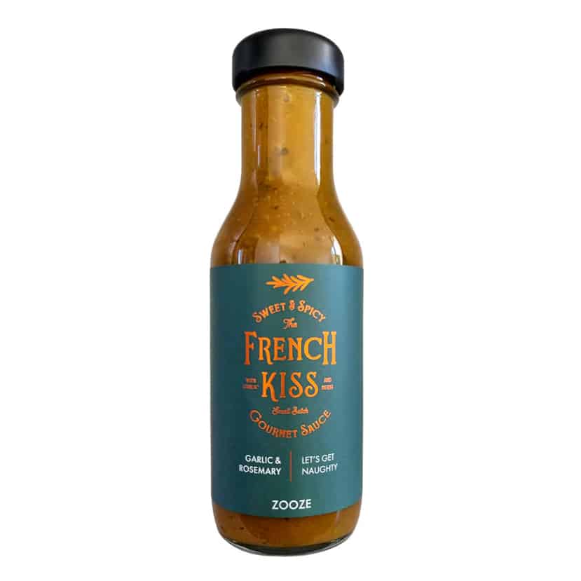 Flasche French Kiss Grilling Sauce von Zooze – fruchtig-herzhafte Knoblauch-Rosmarin-Grillsauce mit Ananas für Fleisch, Fisch und Gemüse.
